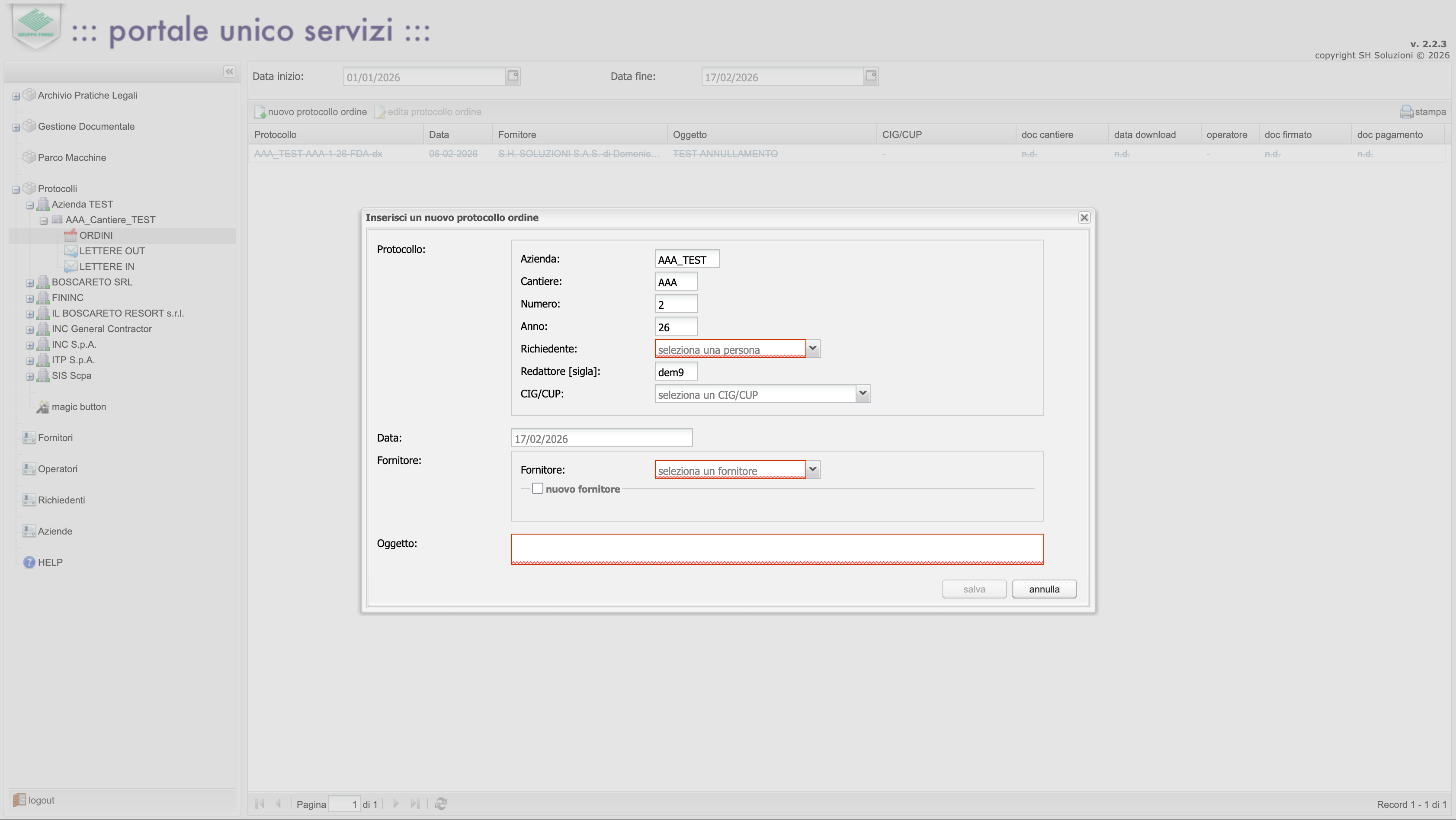 Pagina Protocollo Ordini